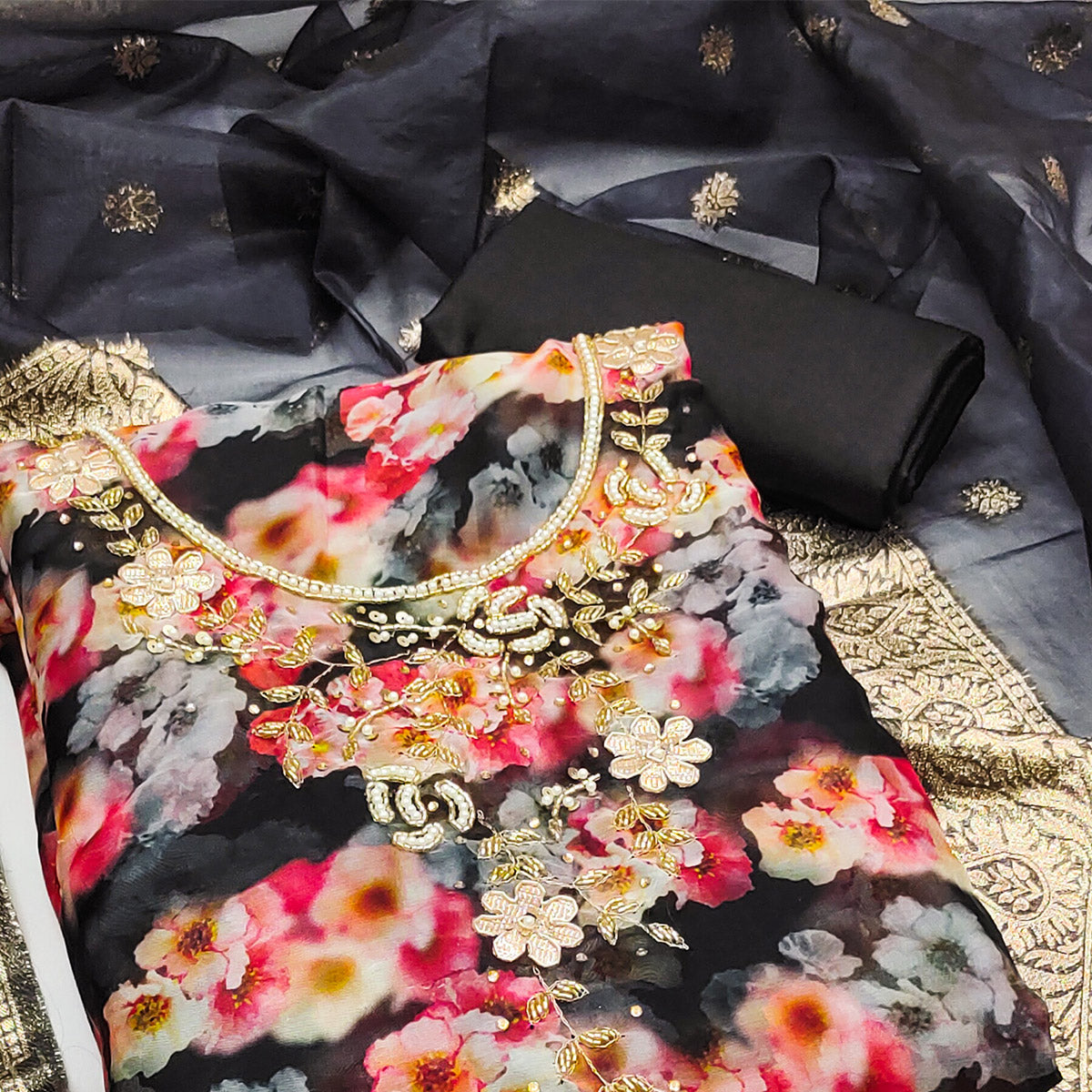 Black Floral Printed Organza Dress Material