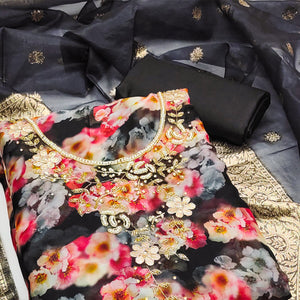 Black Floral Printed Organza Dress Material