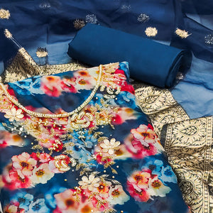 Blue Floral Printed Organza Dress Material