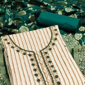 Beige & Green Woven Pure Cotton Dress Material