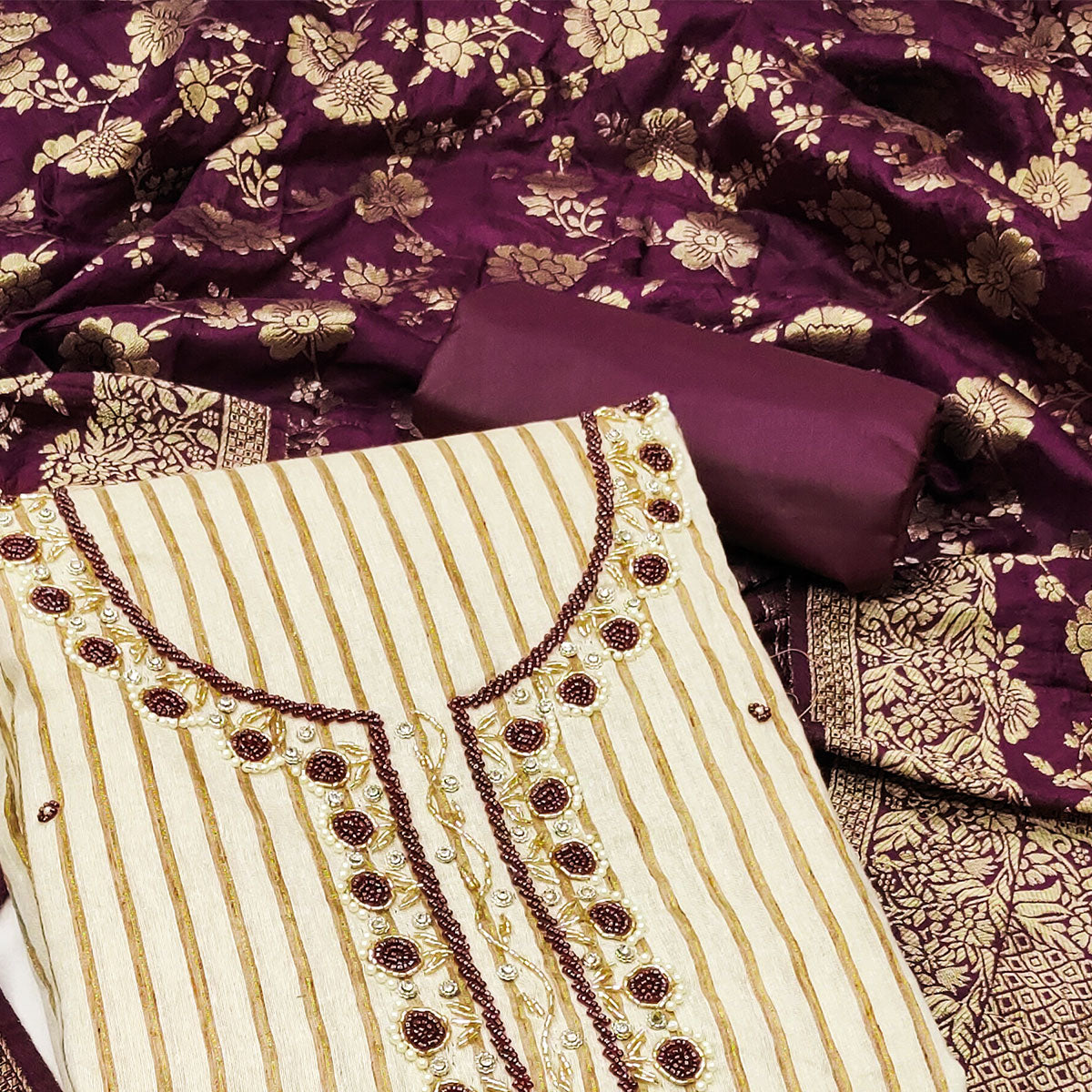 Beige & Wine Woven Pure Cotton Dress Material