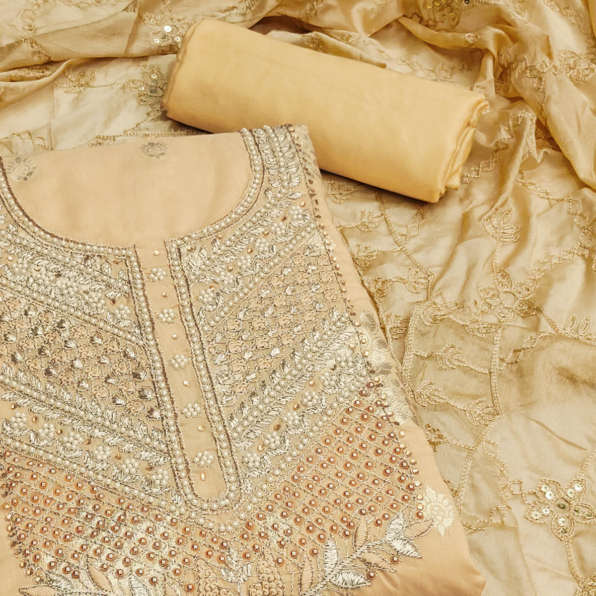 Chikoo Embroidered Chanderi Silk Dress Material