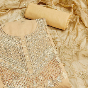 Chikoo Embroidered Chanderi Silk Dress Material