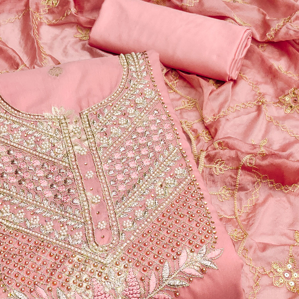 Peach Embroidered Chanderi Silk Dress Material