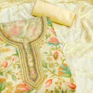 Yellow Floral Printed Organza Dress Material