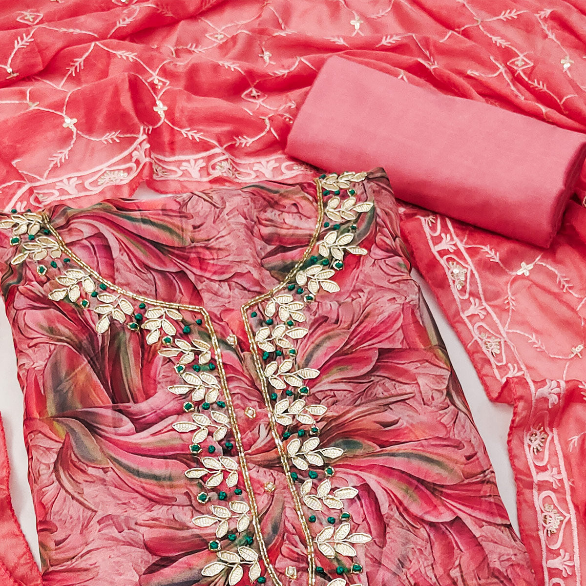 Pink Floral Printed Organza Dress Material