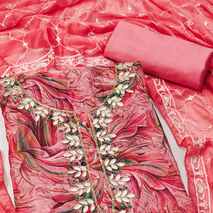 Pink Floral Printed Organza Dress Material