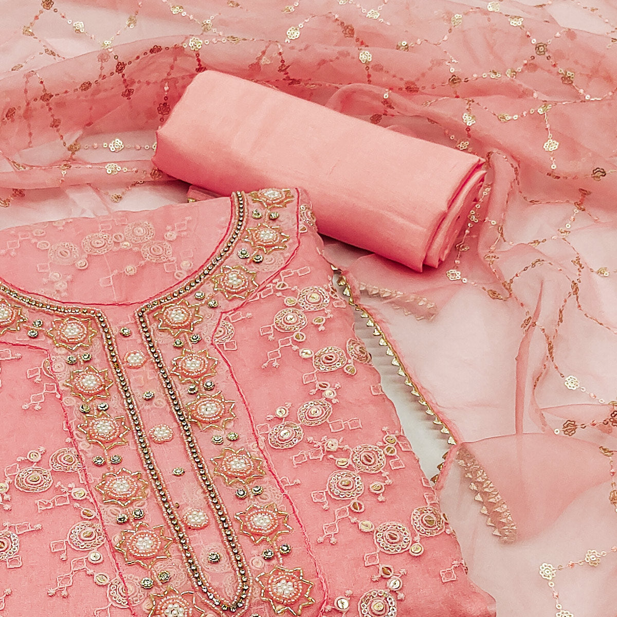 Peach Sequins Embroidered Organza Dress Material