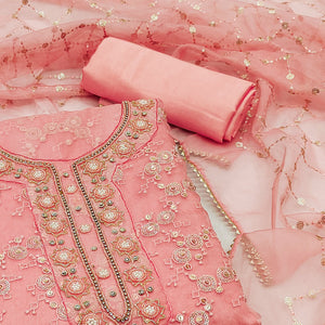 Peach Sequins Embroidered Organza Dress Material