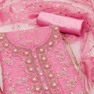 Pink Sequins Embroidered Organza Dress Material