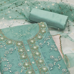 Turquoise Sequins Embroidered Organza Dress Material