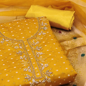 Yellow Woven With Handwork Chanderi Silk Dress Material
