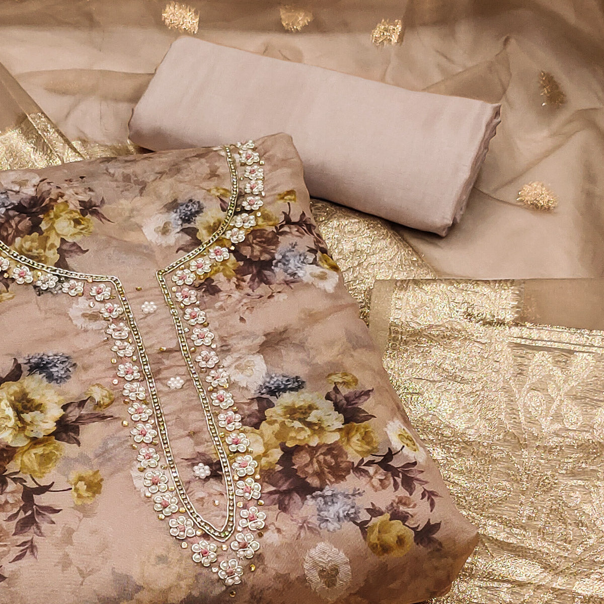 Brown Floral Digital Printed With Handwork Organza Dress Material