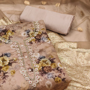 Brown Floral Digital Printed With Handwork Organza Dress Material