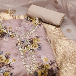 Mauve Floral Digital Printed With Handwork Organza Dress Material