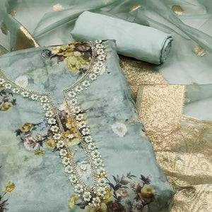 Turquoise Floral Digital Printed With Handwork Organza Dress Material