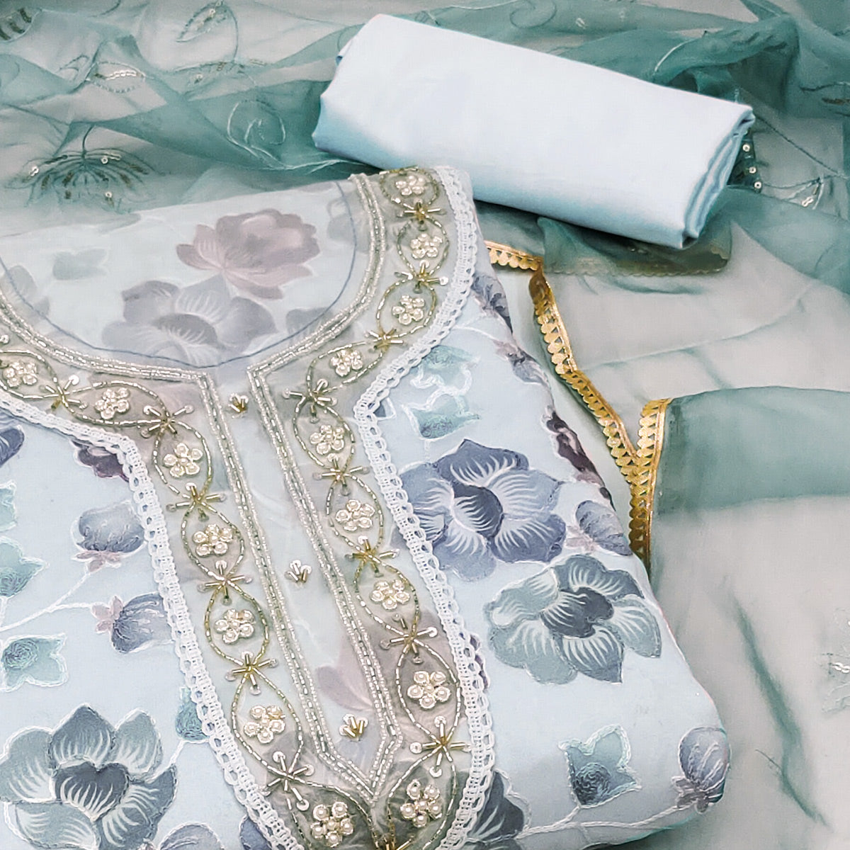 Blue Floral Embroidered With Printed Organza Dress Material