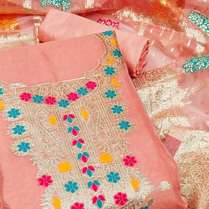 Peach Floral Woven Organza Dress Material