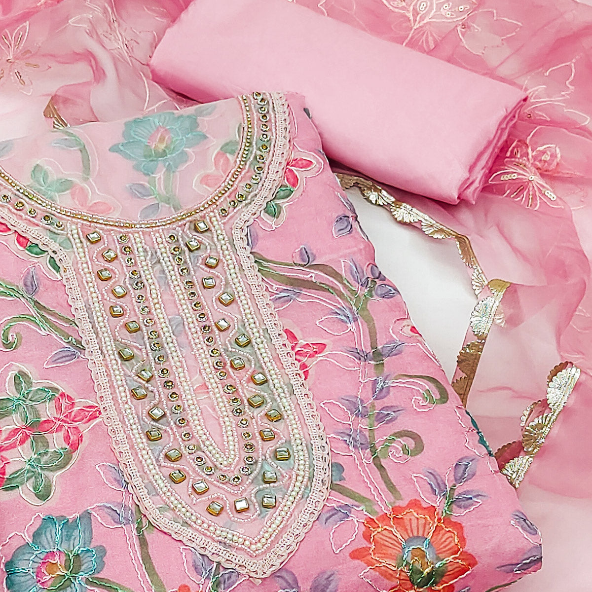 Pink Floral Printed Organza Dress Material