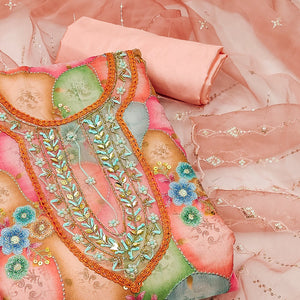 Peach Floral Printed Organza Dress Material