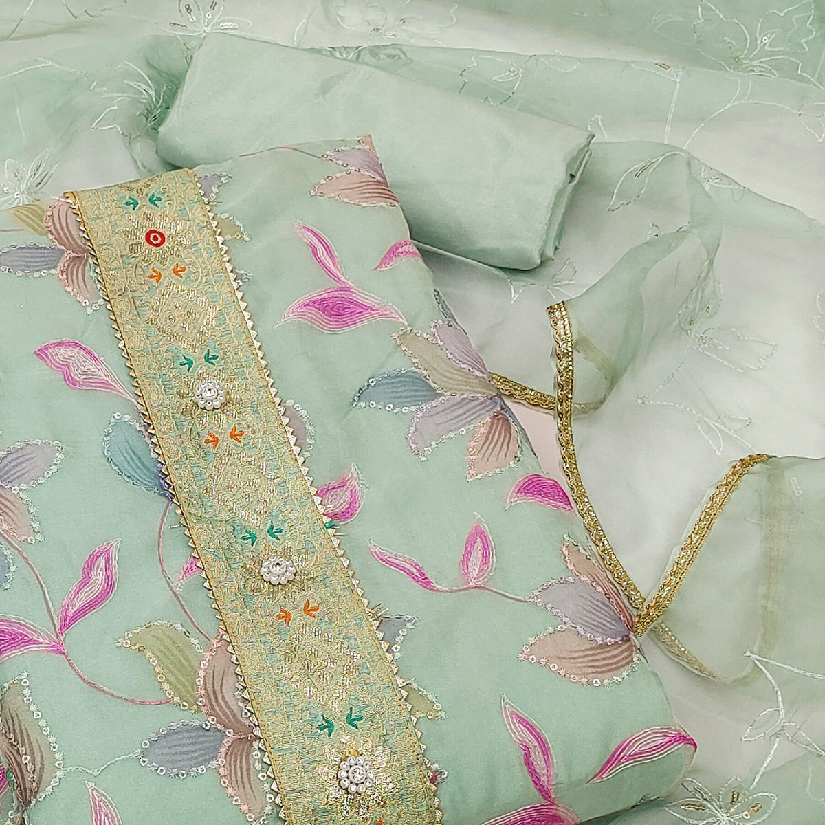 Green Floral Printed Organza Dress Material