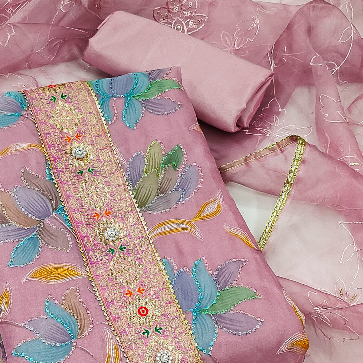 Mauve Floral Printed Organza Dress Material