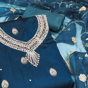 Teal Blue Floral Woven Organza Dress Material