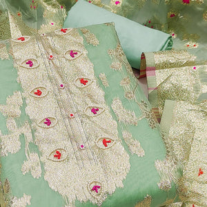 Green Floral Woven Chanderi Silk Dress Material
