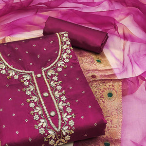 Magenta Woven With Handwork Chanderi Silk Dress Material