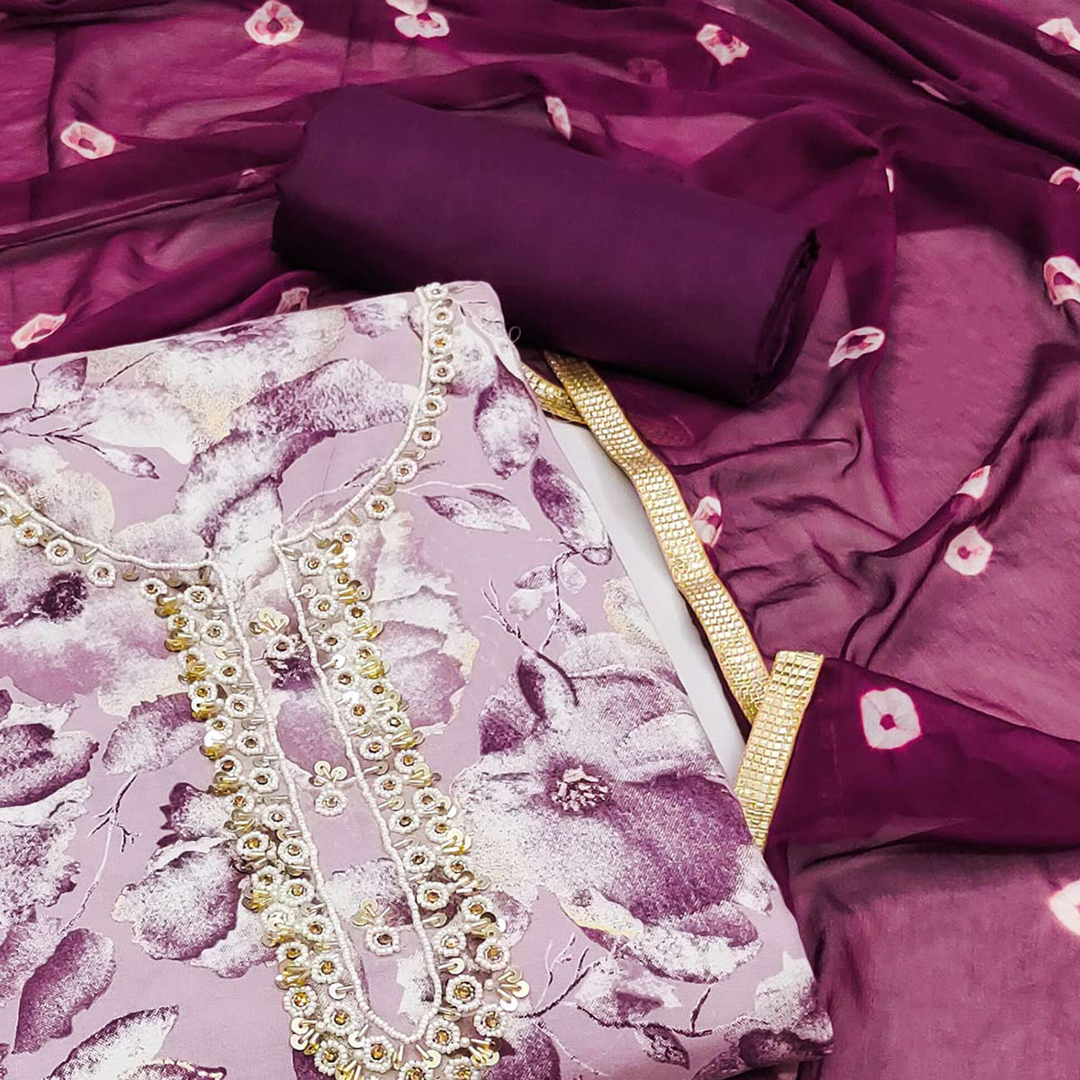 Purple Floral Printed With Handwork Pure Cotton Dress Material