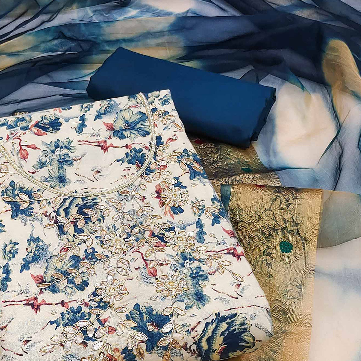 Blue Floral Printed With Handwork Pure Cotton Dress Material