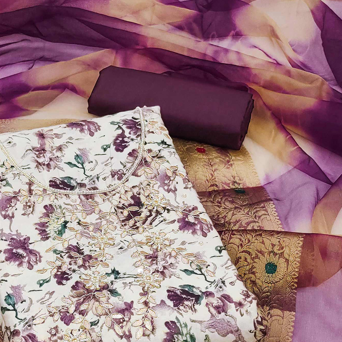 Purple Floral Printed With Handwork Pure Cotton Dress Material