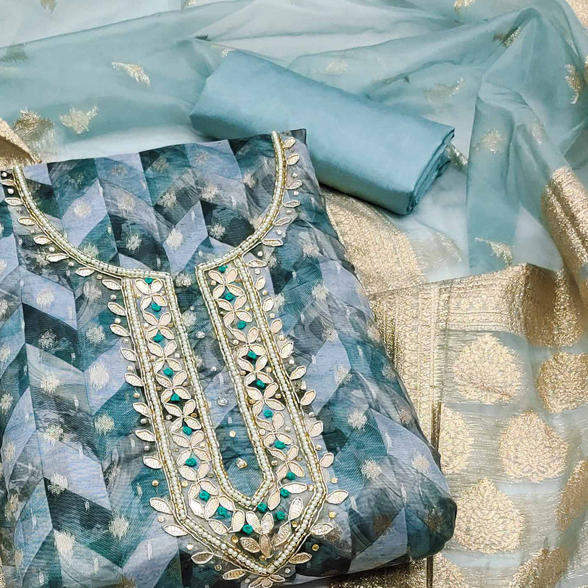 Blue Digital Printed With Woven Organza Dress Material