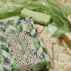 Green Digital Printed With Woven Organza Dress Material