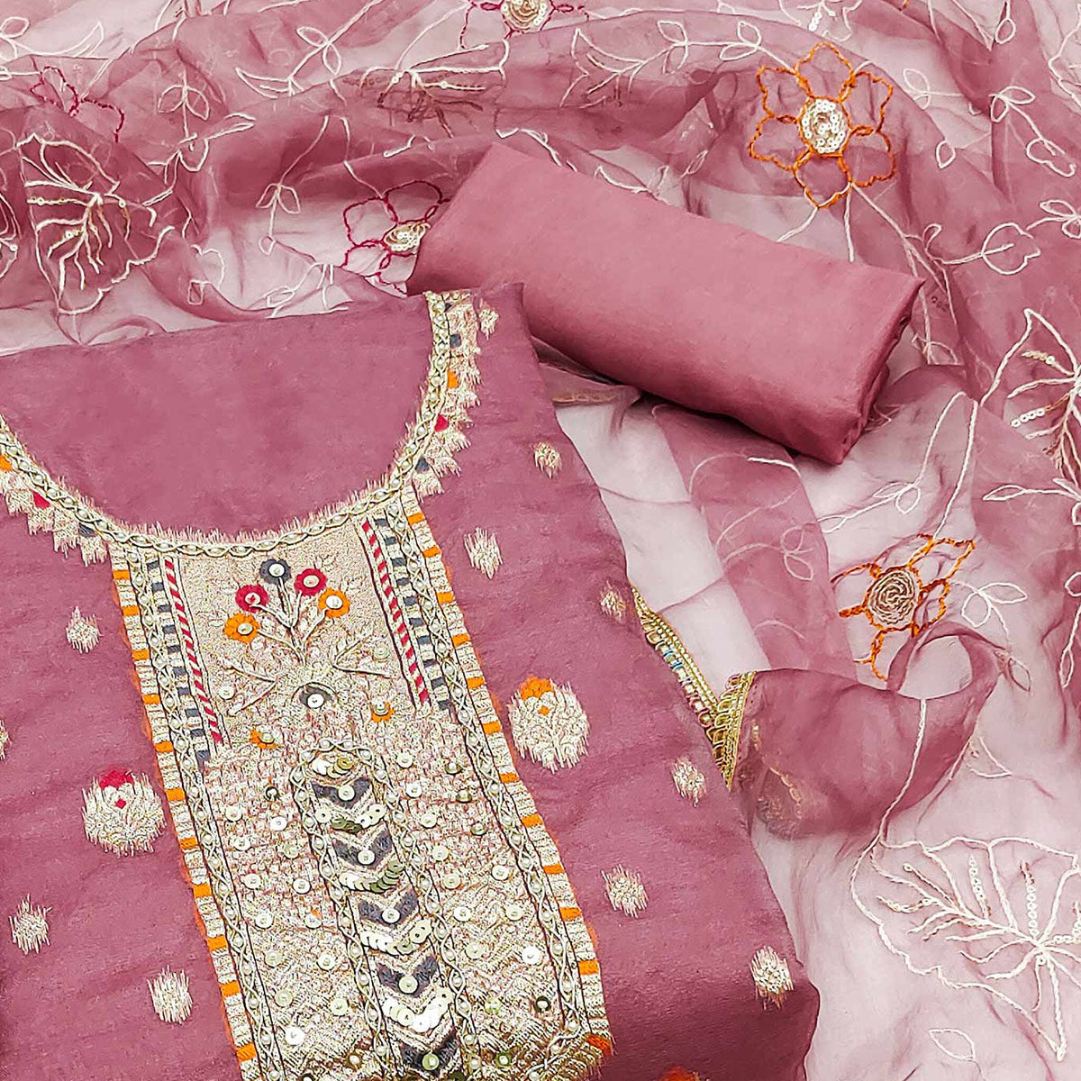 Pink Woven With Handwork Organza Dress Material