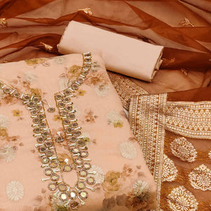 Peach Woven With Digital Printed Chanderi Silk Dress Material