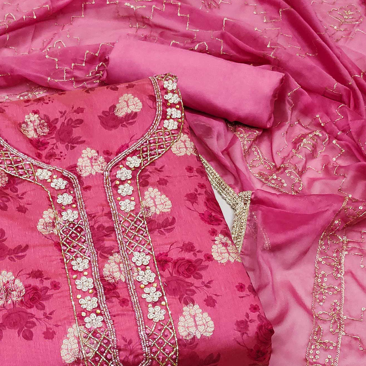 Pink Floral Printed Chanderi Silk Dress Material