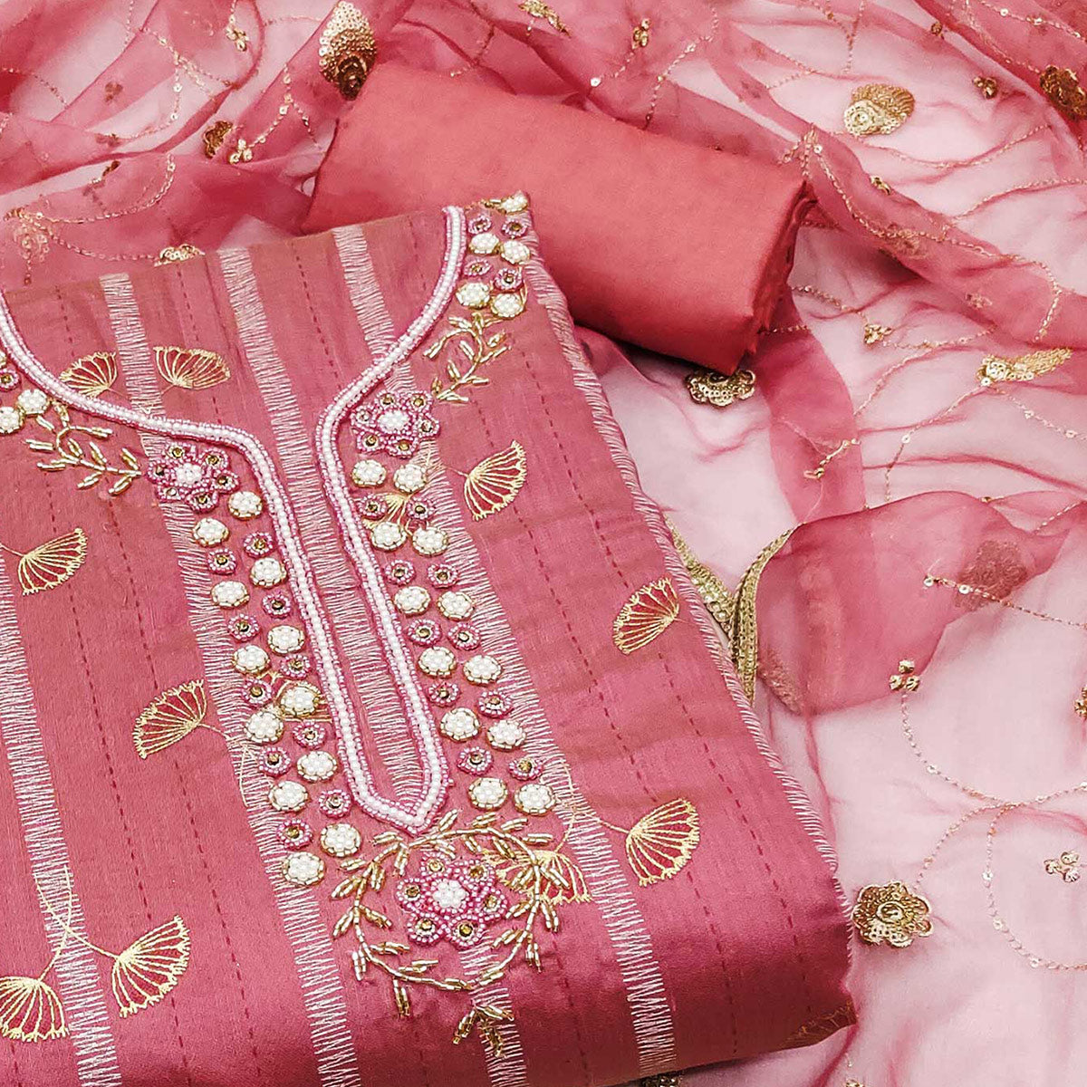 Gajri Pink Foil Printed Chanderi Silk Dress Material