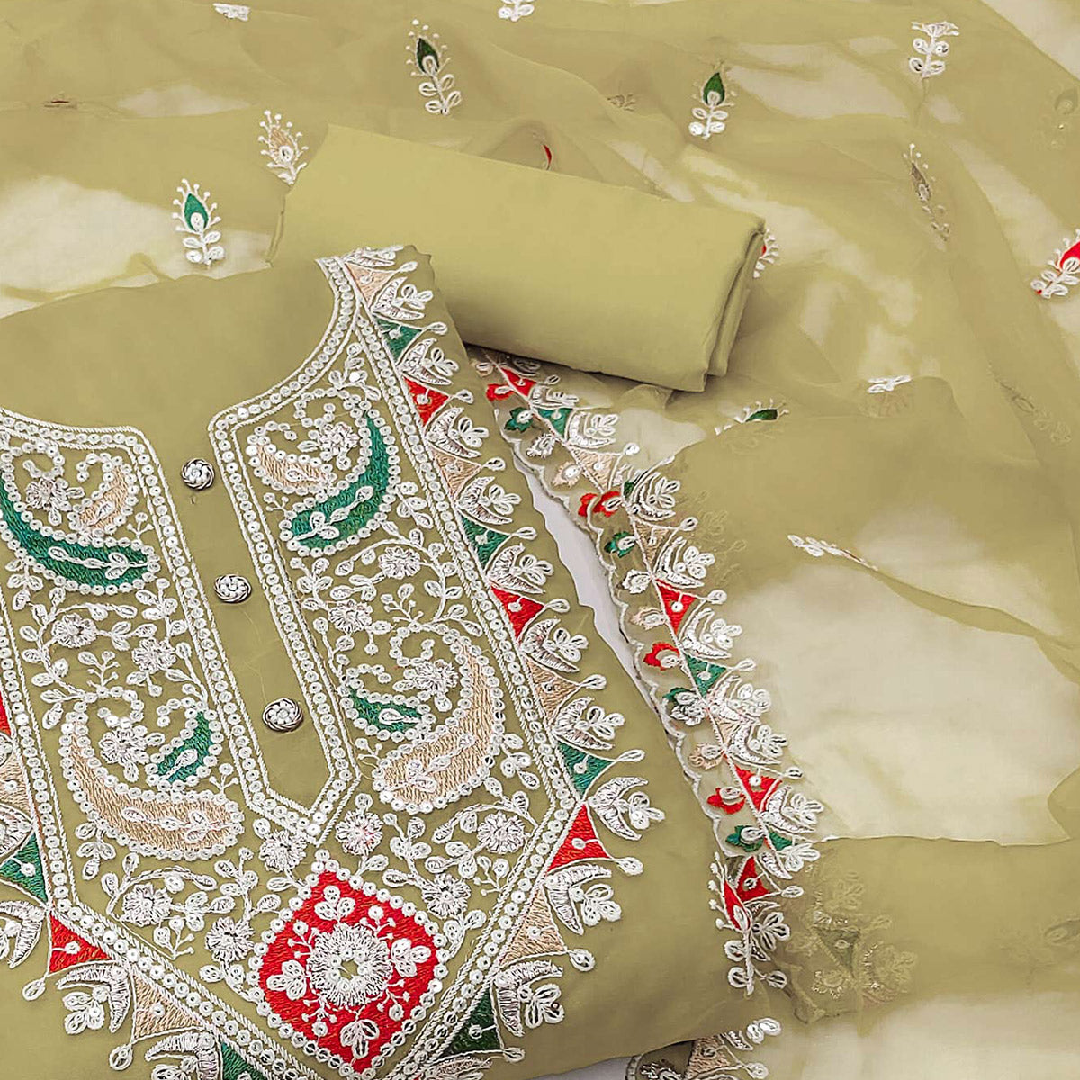 Green Floral Embroidered Organza Dress Material