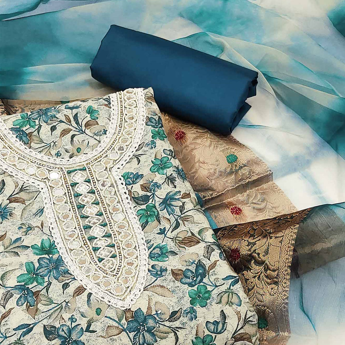 Cream & Blue Floral Digital Printed With Handwork Pure Cotton Dress Material