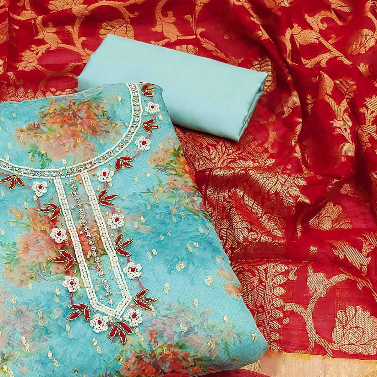 Blue Floral Digital Printed With Handwork Organza Dress Material