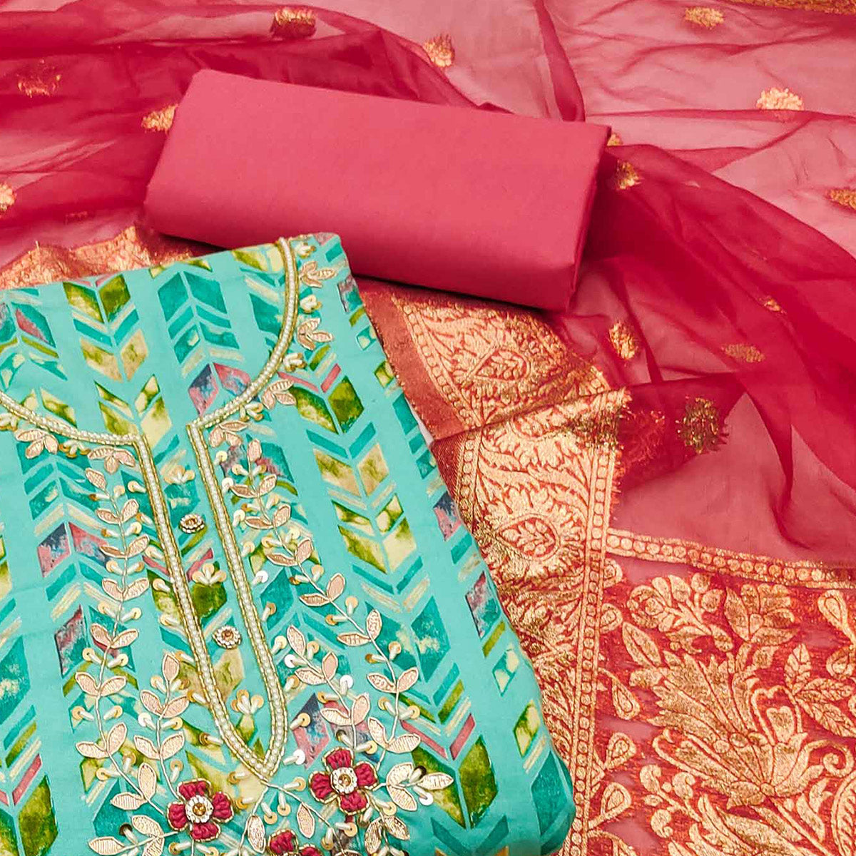 Turquoise Digital Printed With Handwork Pure Cotton Dress Material