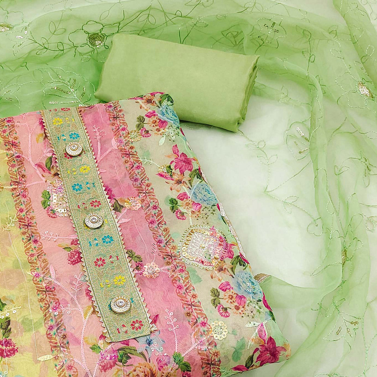 Green Floral Embroidered With Printed Organza Dress Material