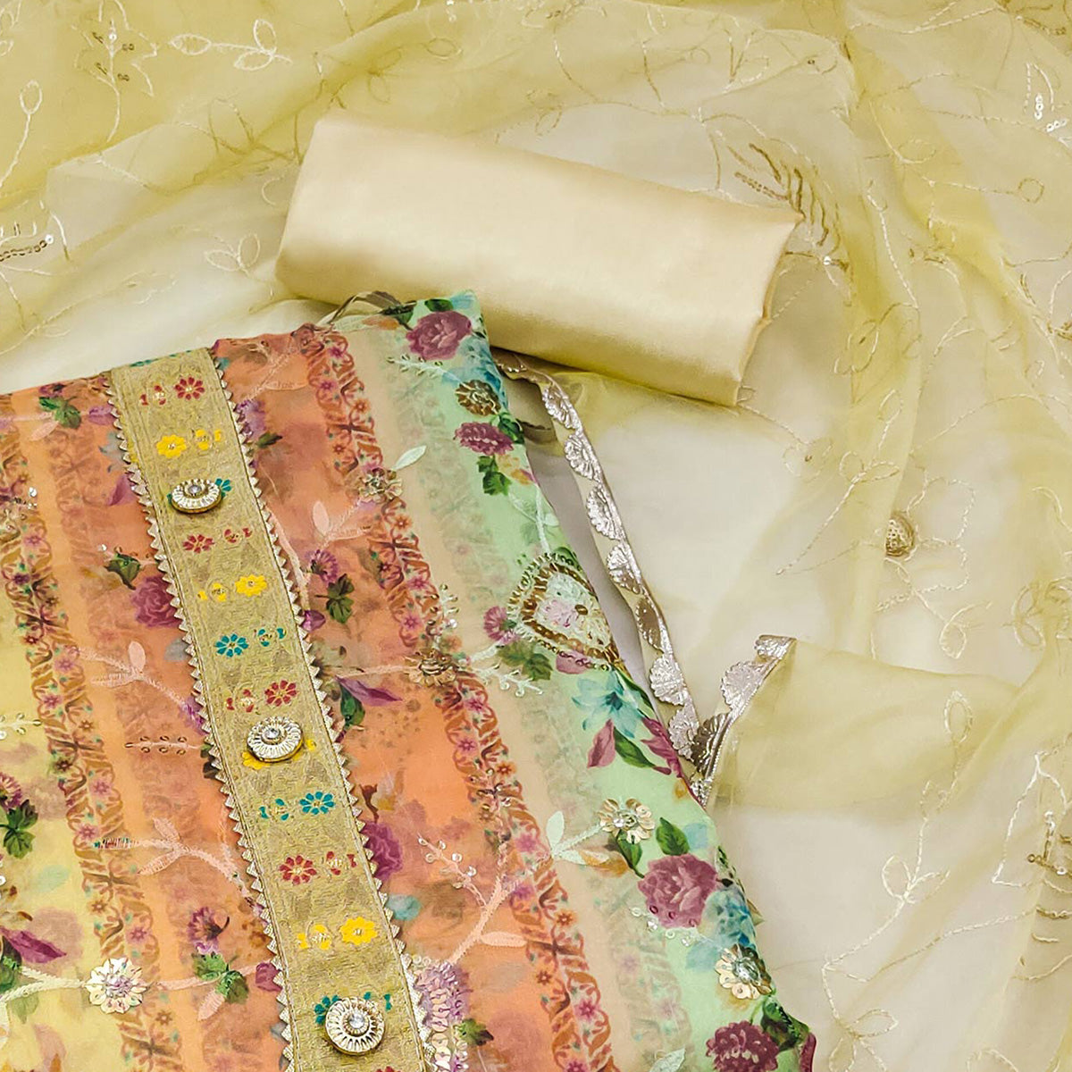Yellow Floral Embroidered With Printed Organza Dress Material