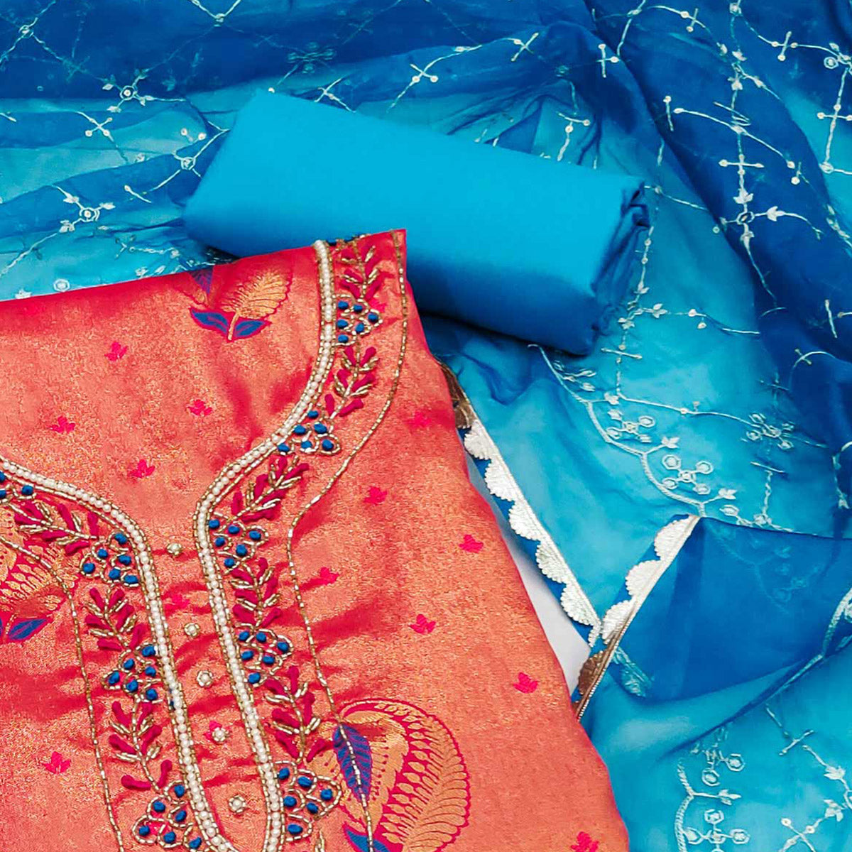 Gajri Pink Woven Banarasi Silk Dress Material