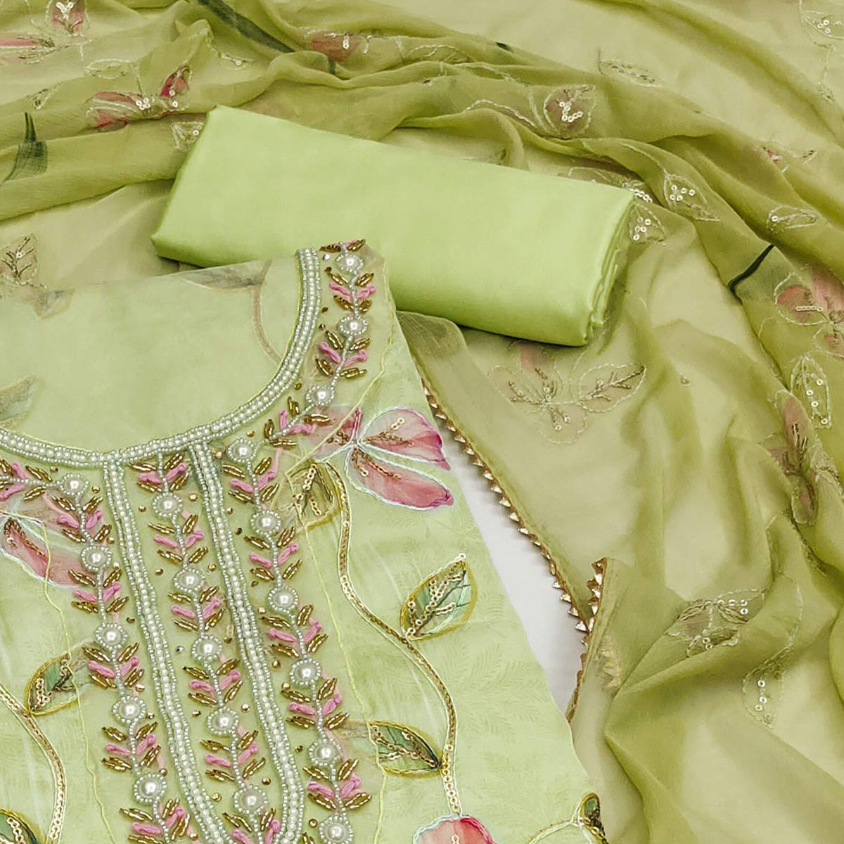 Green Floral Printed Organza Dress Material