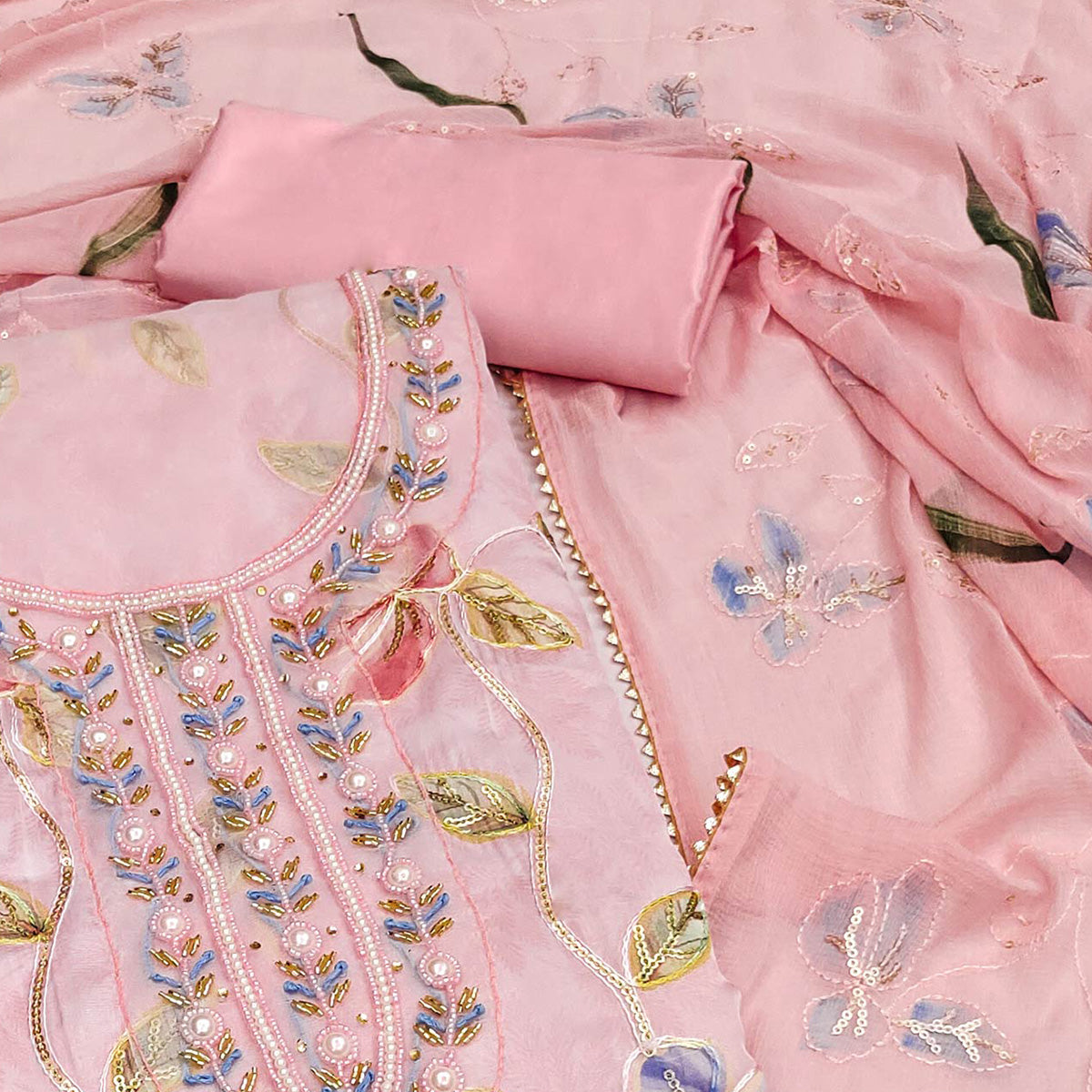 Pink Floral Printed Organza Dress Material