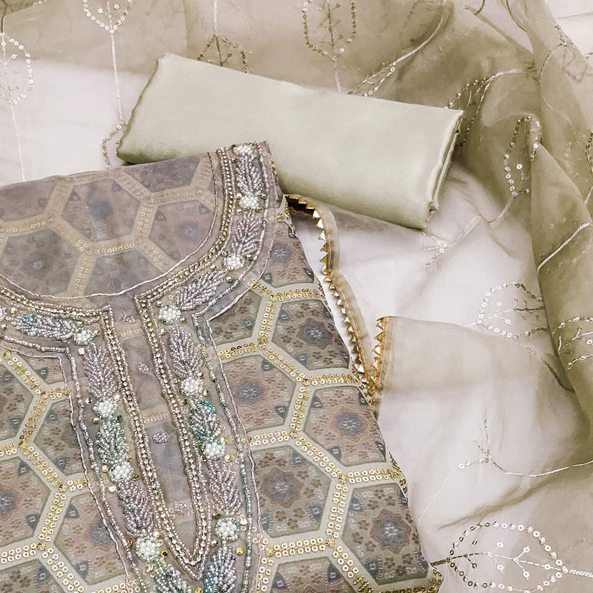 Beige Printed Organza Dress Material