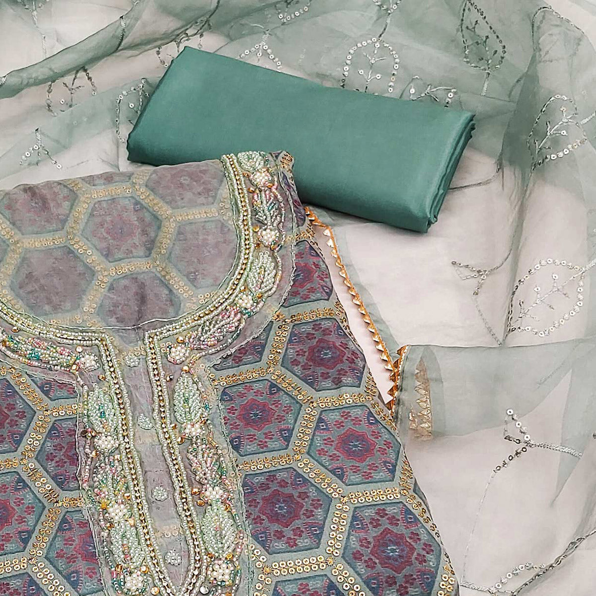 Grey Printed Organza Dress Material