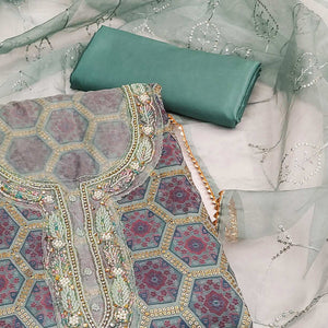 Grey Printed Organza Dress Material